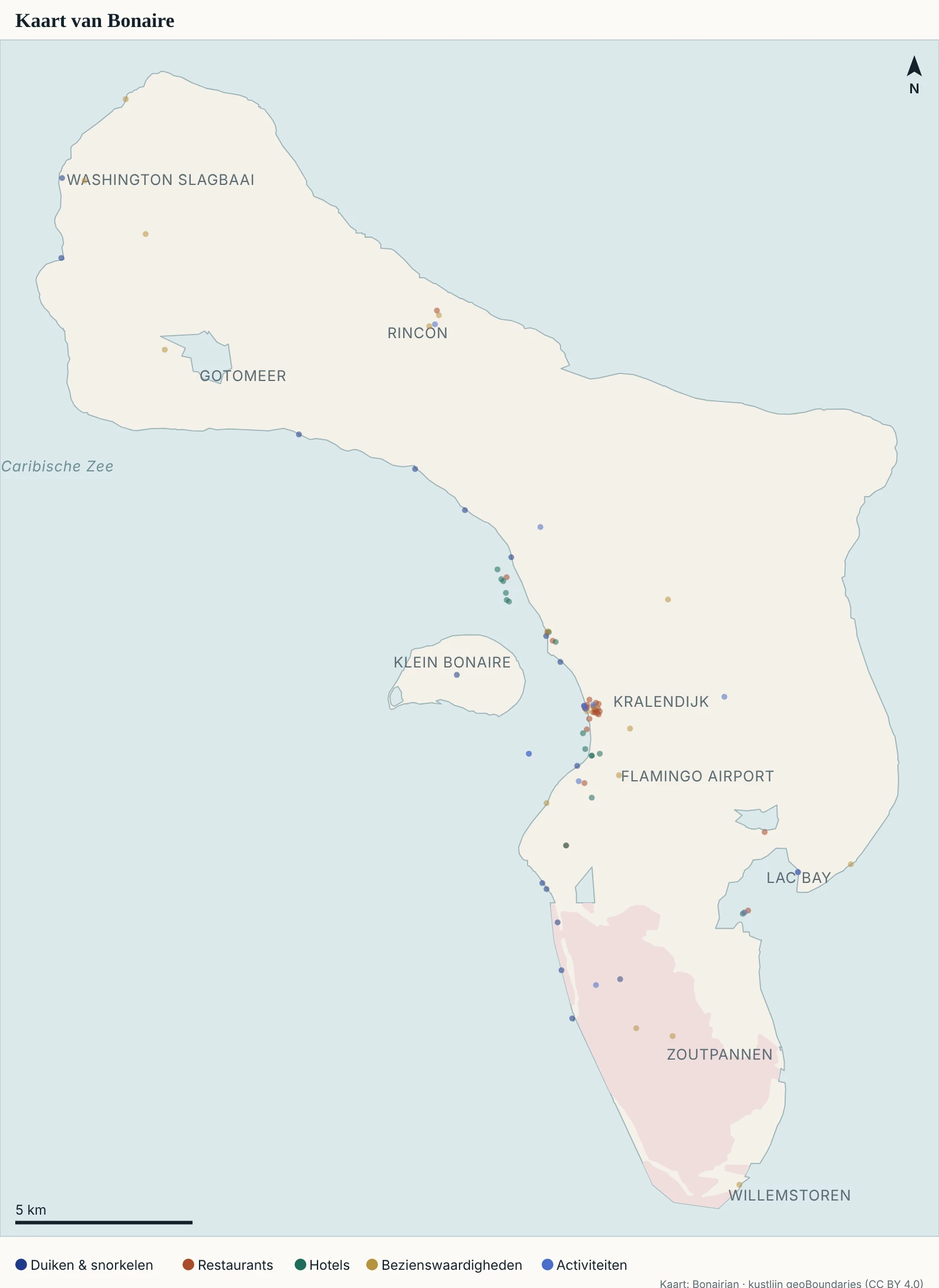 Printbare kaart van Bonaire met gekleurde stippen voor duikplekken, restaurants, hotels, bezienswaardigheden en activiteiten, en namen als Kralendijk, Rincon, Klein Bonaire en Lac Bay